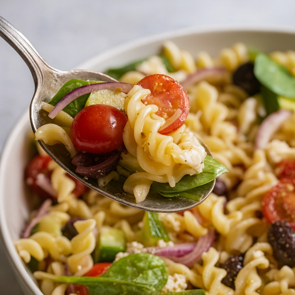 Mediterranean Pasta Salad Recipe – Fresh & Easy Mediterranean pasta salad recipe in a white serving bowl