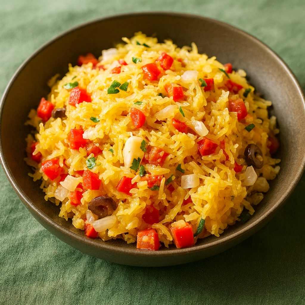 Easy spaghetti squash recipe with baked vegetable topping