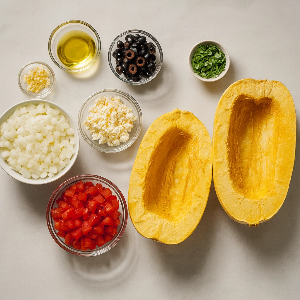 Ingredients for easy spaghetti squash recipe with fresh vegetables