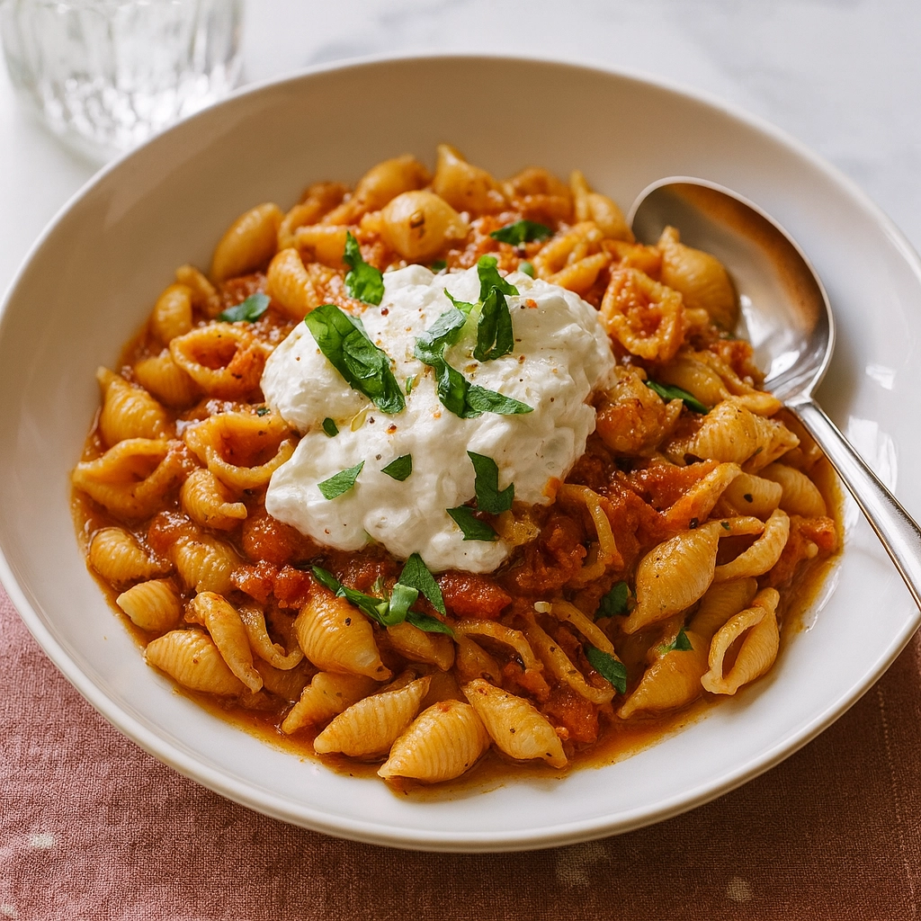 Creamy tomato burrata pasta with fresh basil