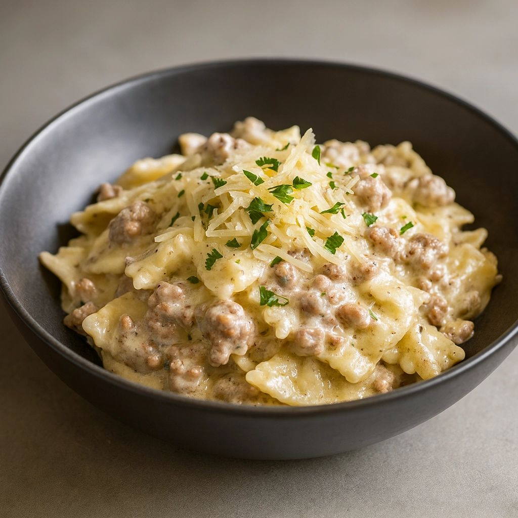 Creamy beef and bowtie pasta with sauce