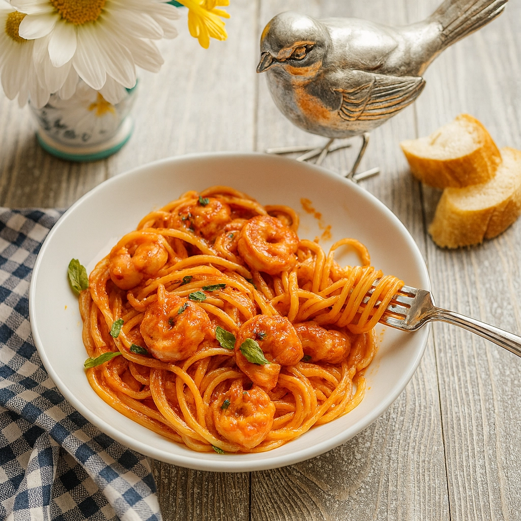 Shrimp Spaghetti Tomato Sauce Recipe Shrimp spaghetti tomato sauce served in a white bowl