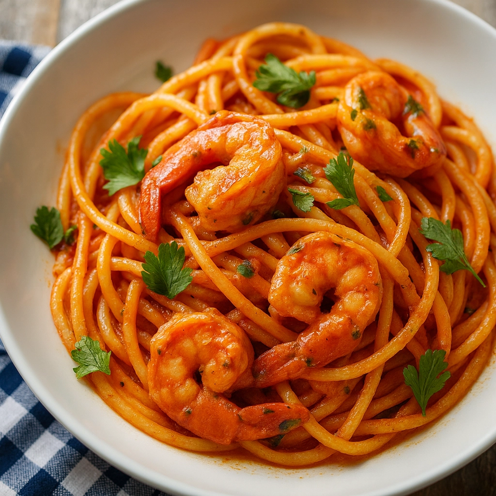 Shrimp spaghetti tomato sauce served in a white bowl
