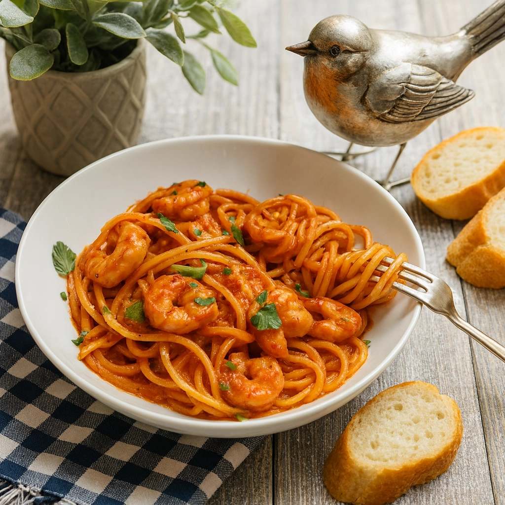 Shrimp Spaghetti Tomato Sauce Recipe Shrimp spaghetti tomato sauce served in a white bowl