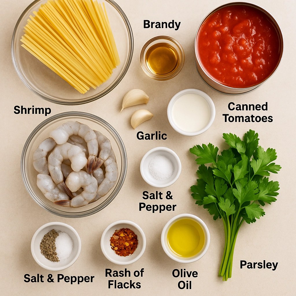 Shrimp Spaghetti Tomato Sauce Ingredients Ingredients for shrimp spaghetti tomato sauce displayed on a table