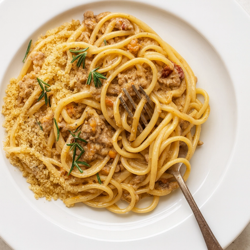 white spaghetti bolognese plated with parmesan and herbs