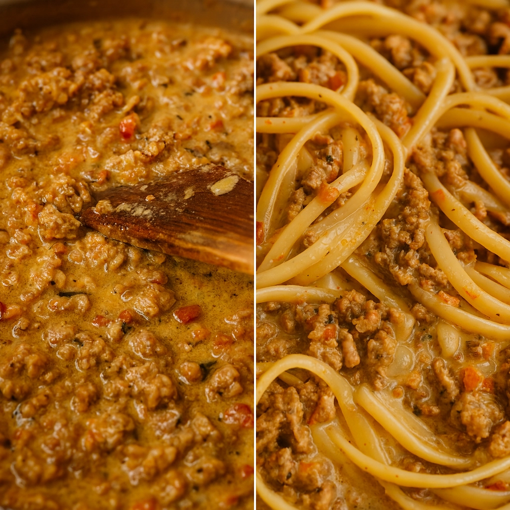 White Spaghetti Bolognese—Step-by-Step step-by-step white spaghetti bolognese process in a pot
