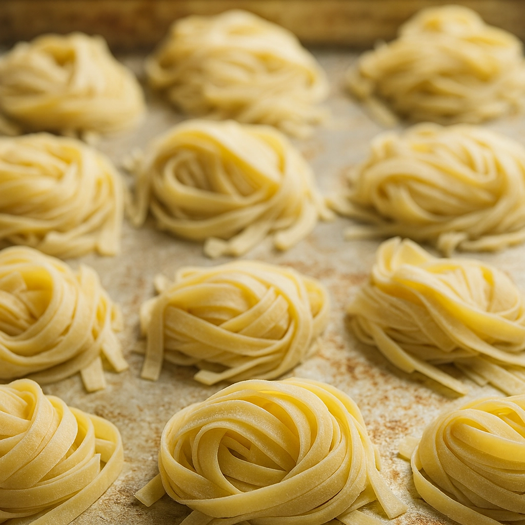 Fresh Gluten Free Pasta Recipe (Italian Style) Fresh fettuccine from a gluten free pasta recipe on a floured board