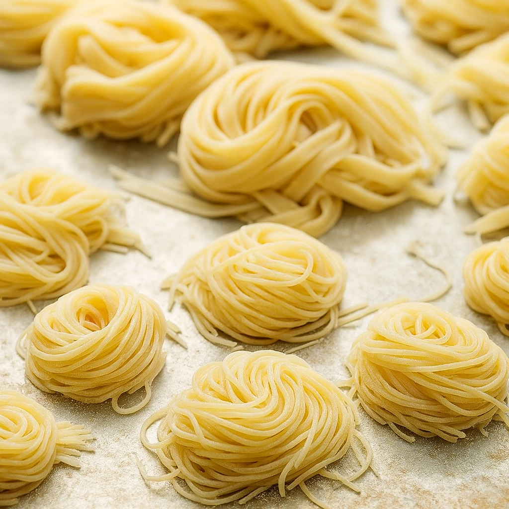 Fresh fettuccine from a gluten free pasta recipe on a floured board