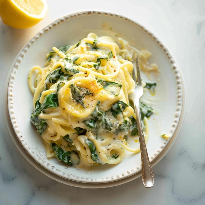 Creamy lemon ricotta pasta recipe with spinach on a plate