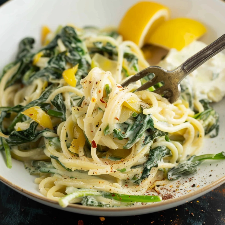 Creamy lemon ricotta pasta recipe with spinach on a plate