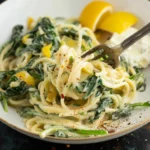 Creamy lemon ricotta pasta recipe with spinach on a plate