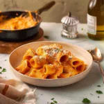 A bowl of gochujang pasta without cream topped with scallions and sesame seeds