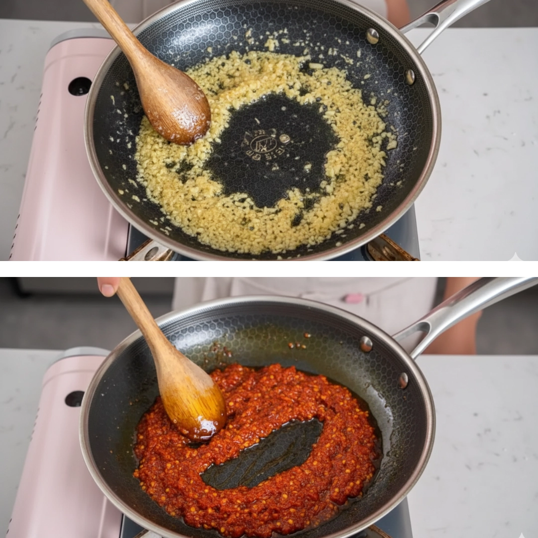 Garlic and shallots being sautéed for gochujang pasta without cream