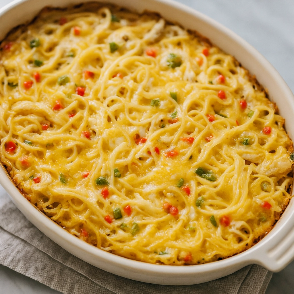chicken spaghetti casserole baked with cheese and chicken