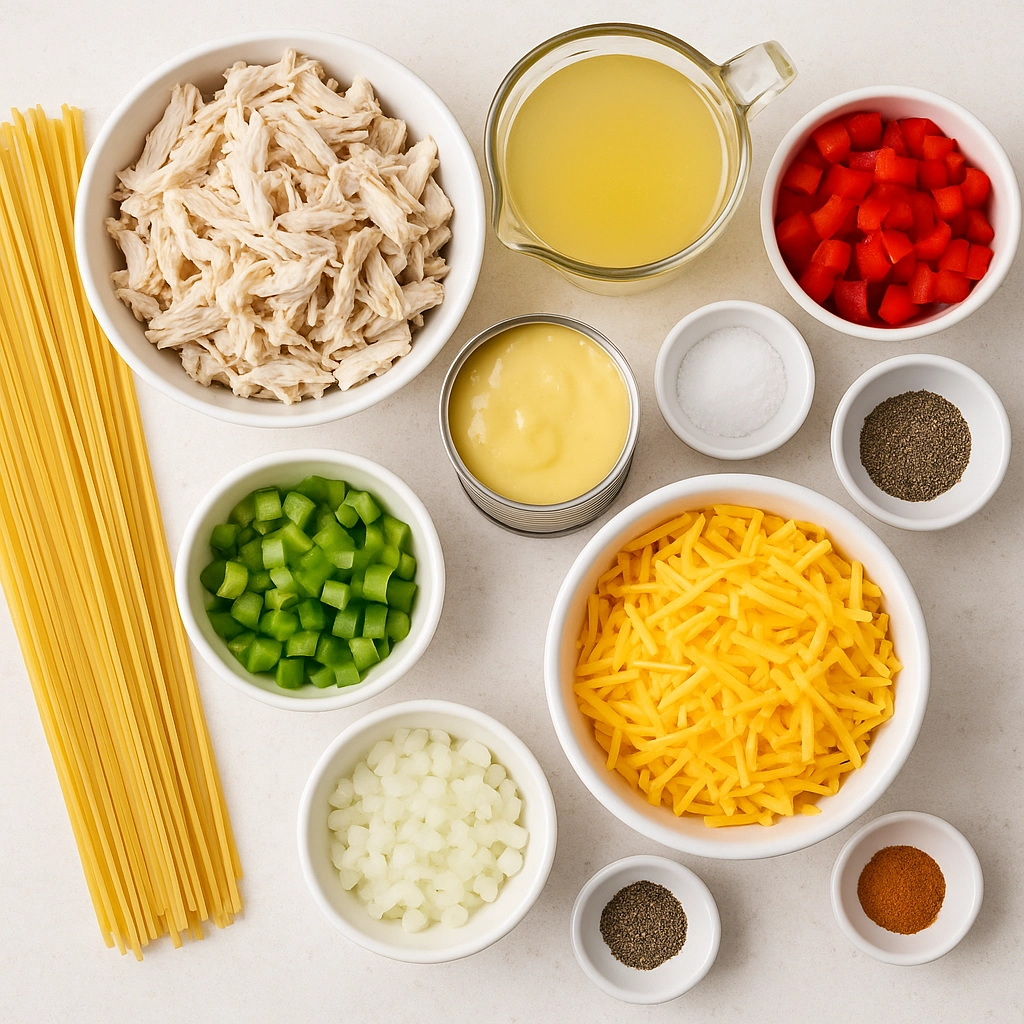 Ingredients for Chicken Spaghetti Casserole chicken spaghetti casserole ingredients pasta chicken cheese