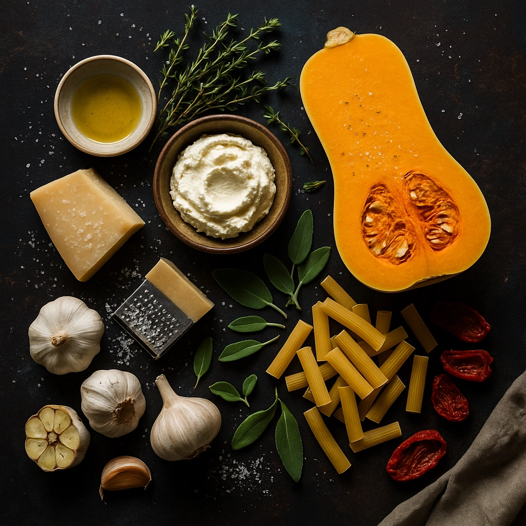 ChatGPT Image Oct 30, 2025, 06_28_41 PM_result Ingredients for butternut squash pasta laid out on counter