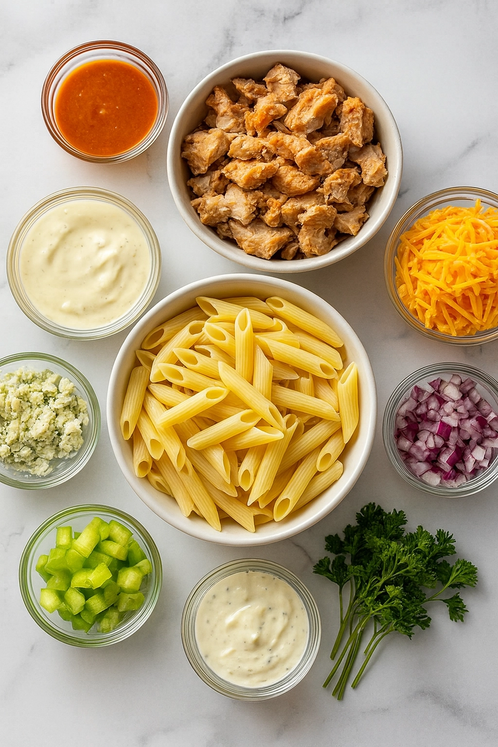 ChatGPT Image Oct 30, 2025, 07_34_27 PM_result buffalo chicken pasta salad ingredients arranged on counter
