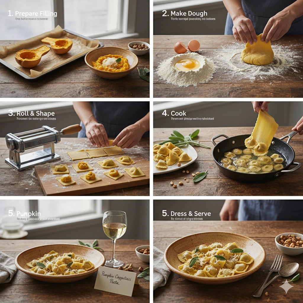 Pumpkin Cappellacci Pasta ingredients on wooden board