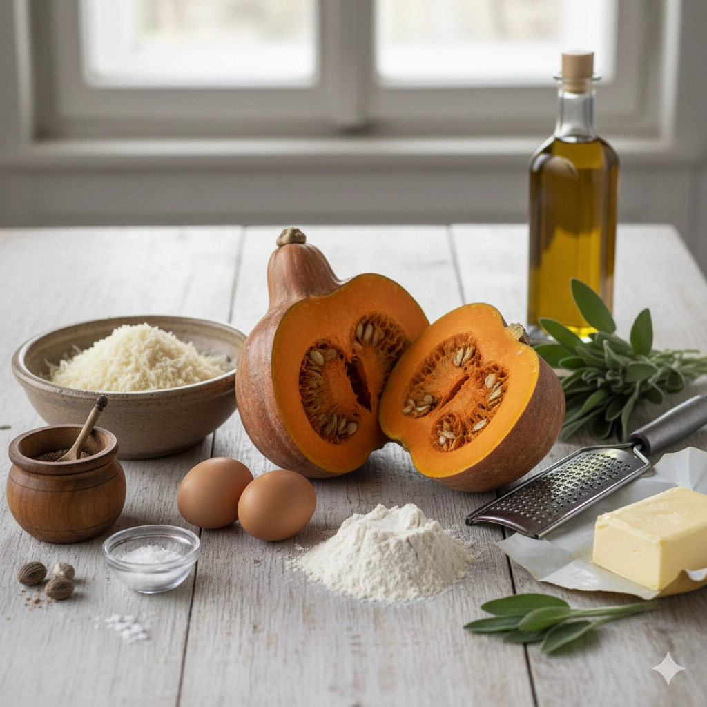 Pumpkin Cappellacci Pasta ingredients on wooden board