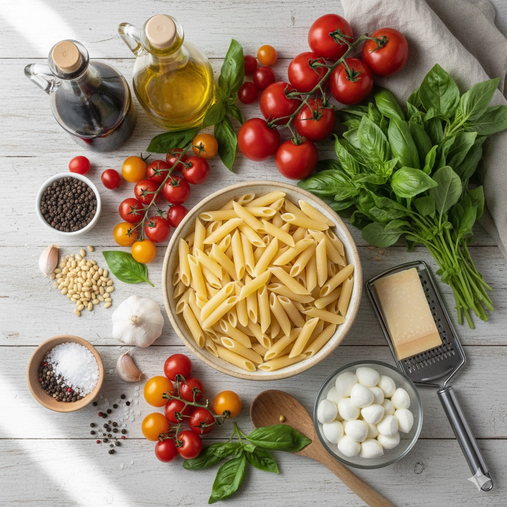 Ingredients laid out for bruschetta pasta salad, including tomatoes, basil, oil, and penne.