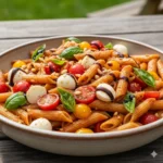 Vibrant bowl of fresh bruschetta pasta salad with mozzarella and balsamic glaze.