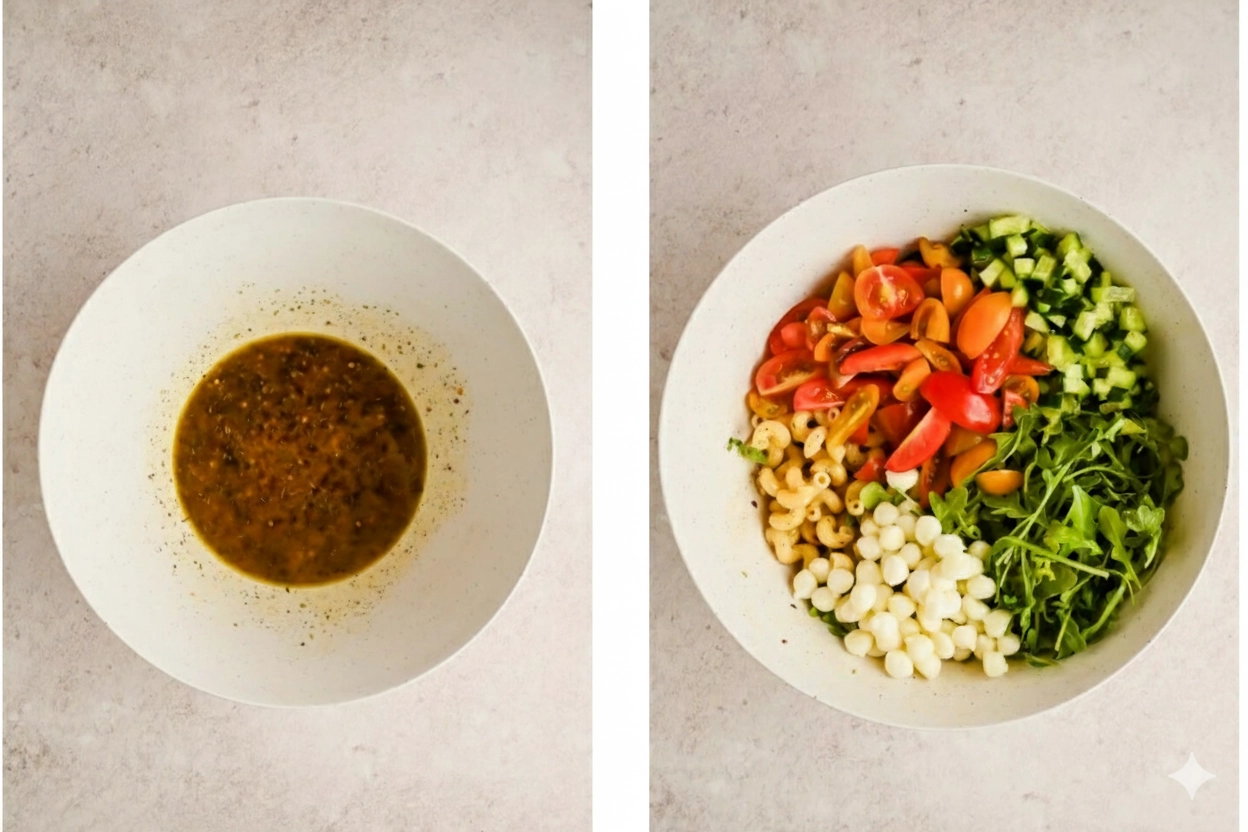 Pasta cooked al dente and chilled cooked pasta draining for hot honey salad