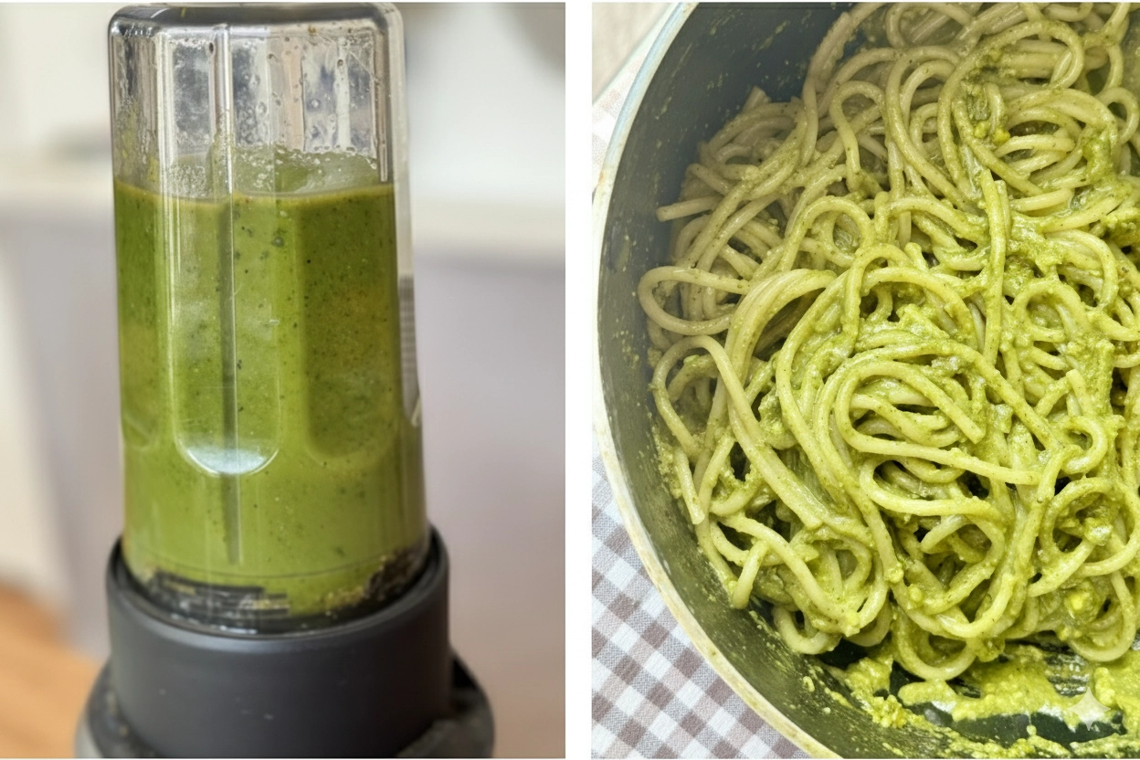 Step-by-step process of making pistachio pesto pasta with blender and spaghetti Step-by-step process of making pistachio pesto pasta with blender and spaghetti