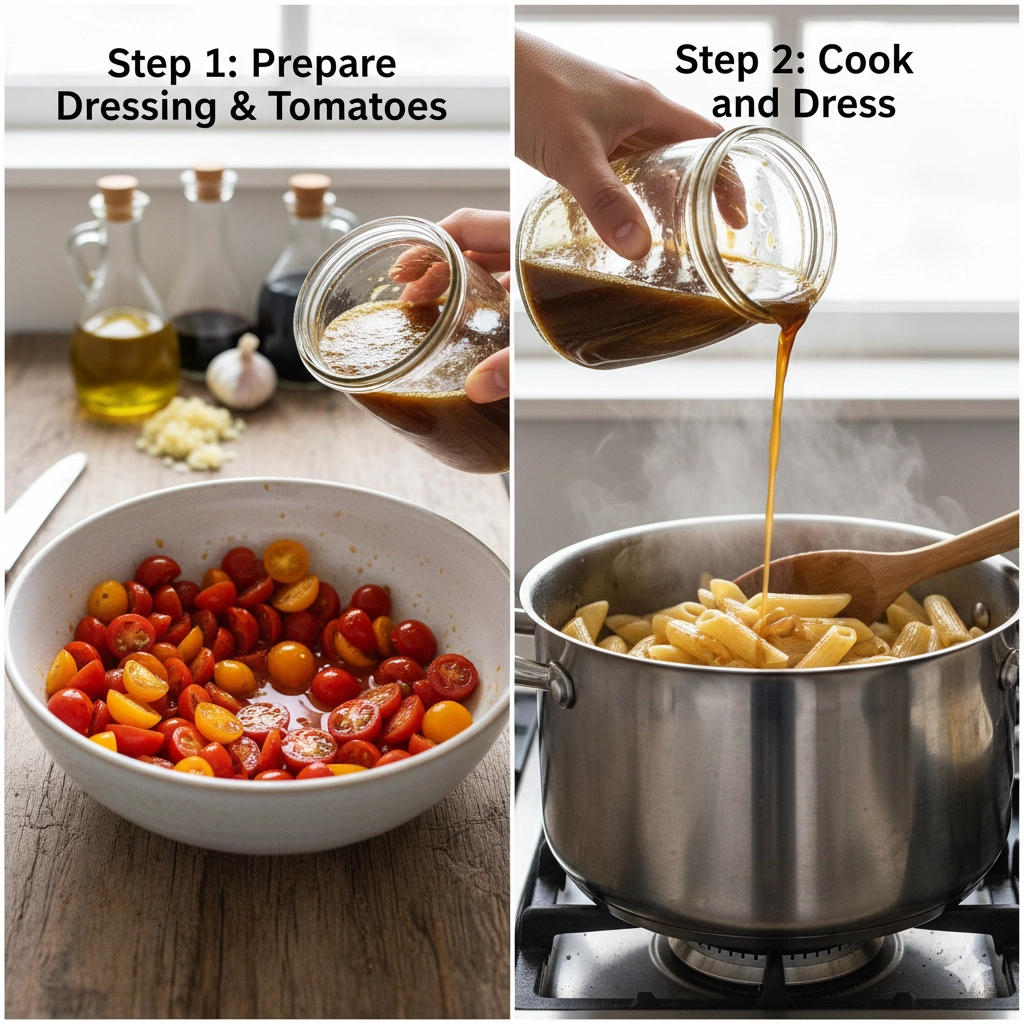 Warm penne pasta being tossed with balsamic dressing in a pot for a flavorful bruschetta pasta salad.