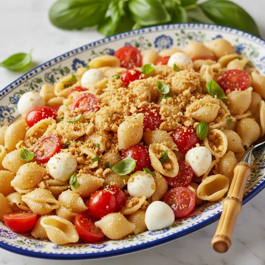 Vibrant bowl of fresh bruschetta pasta salad with mozzarella and balsamic glaze.