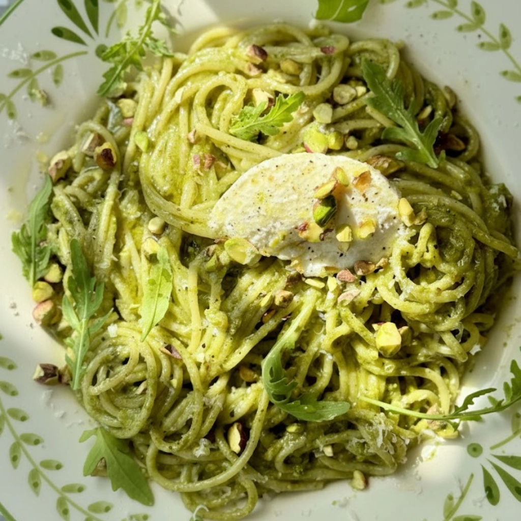 Authentic pistachio pesto pasta with creamy Sicilian pesto sauce