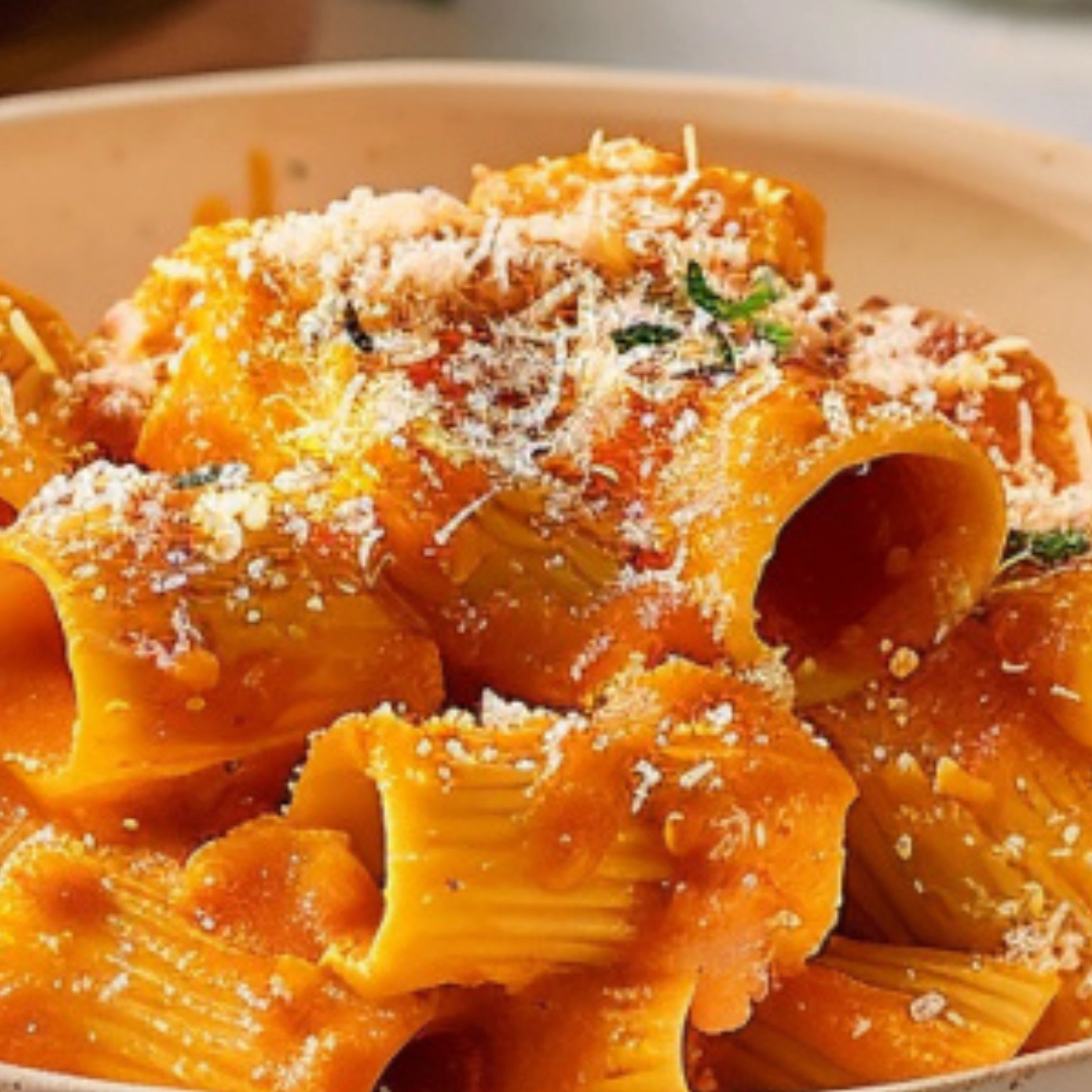 A bowl of gochujang pasta without cream topped with scallions and sesame seeds