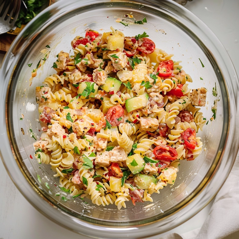 Creamy tuna pasta salad recipe with vegetables in a bowl