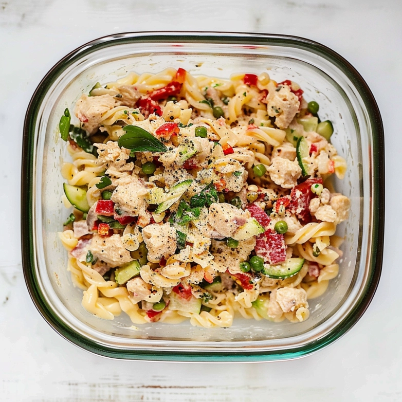 Creamy tuna pasta salad recipe with vegetables in a bowl