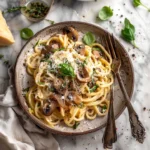 Creamy miso butter spaghetti twirled on a fork
