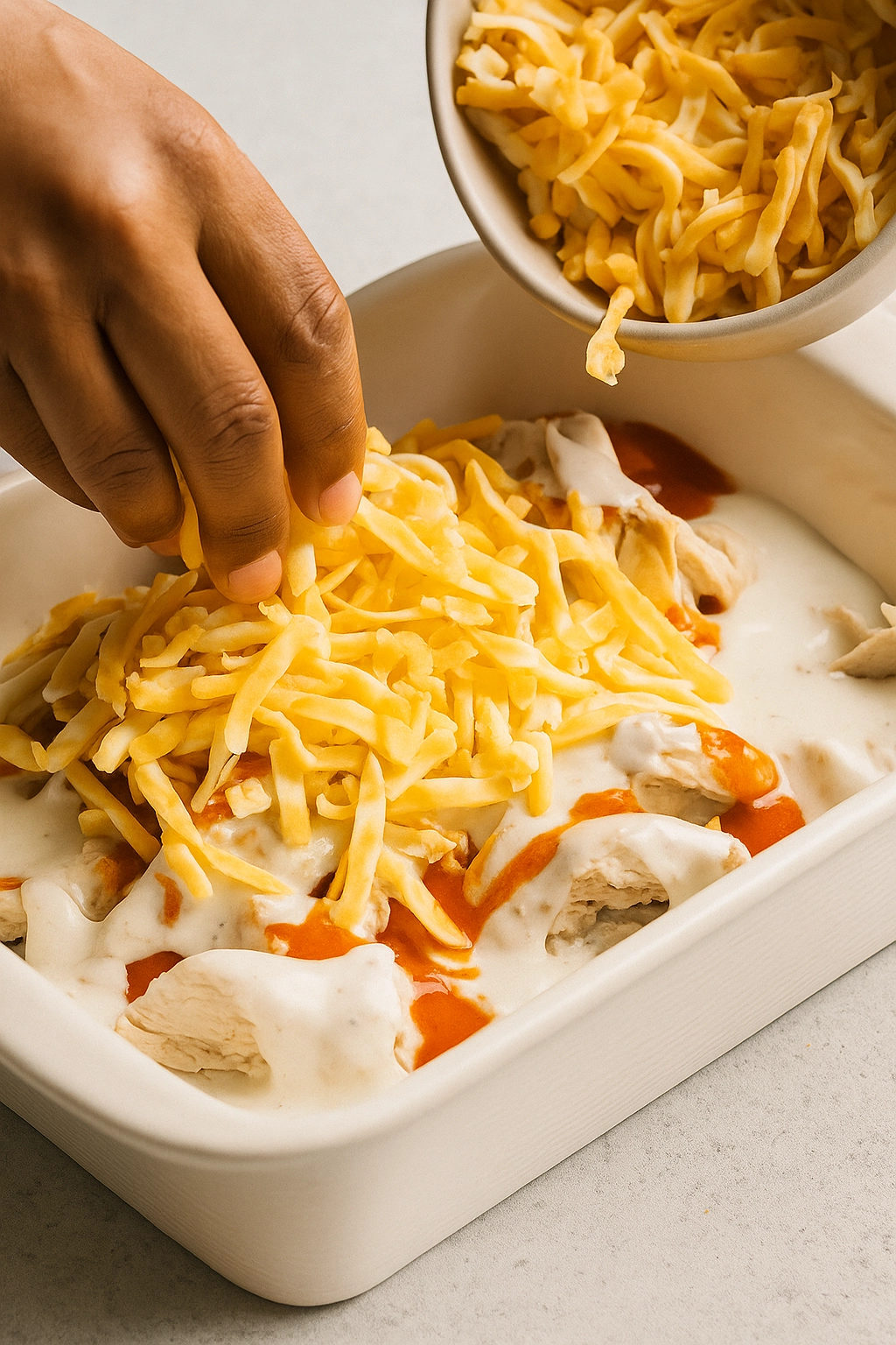 Layering buffalo chicken dip in a baking dish Layering buffalo chicken dip in a baking dish