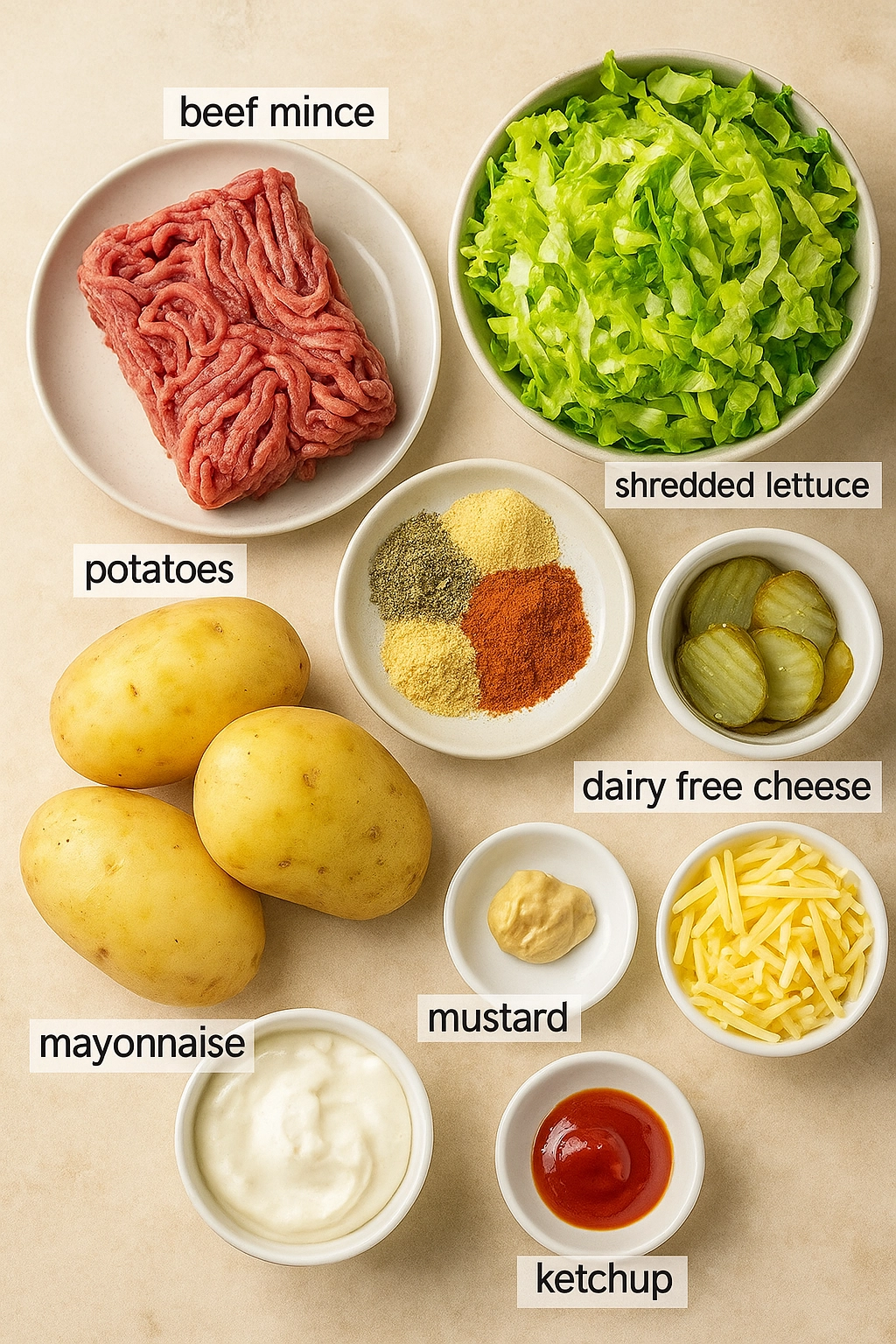 Ingredients for Burger Bowls laid out on a counter Ingredients for Burger Bowls laid out on a counter