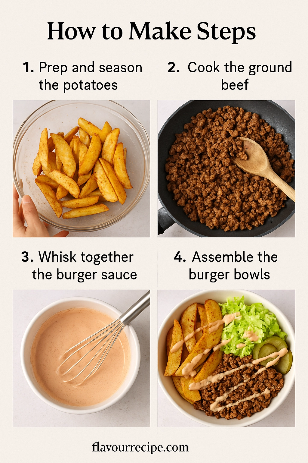 Assembling Burger Bowls with crispy fries and beef Assembling Burger Bowls with crispy fries and beef