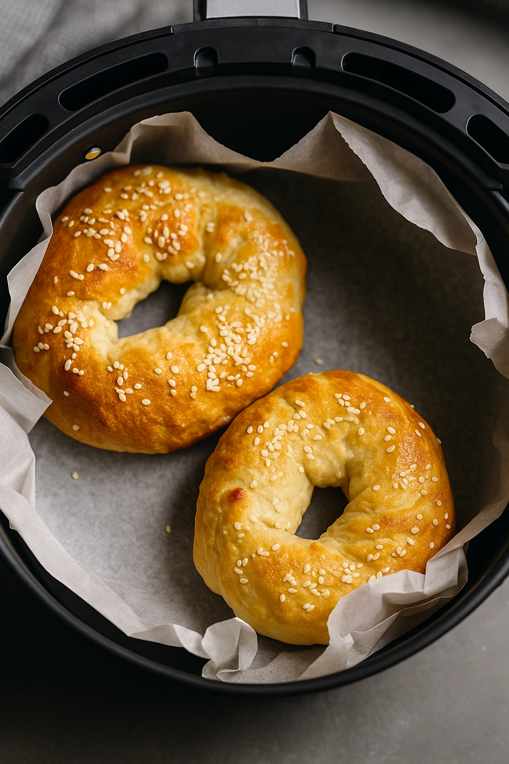 Air Fryer Bagels baked golden brown in the air fryer basket Air Fryer Bagels baked golden brown in the air fryer basket
