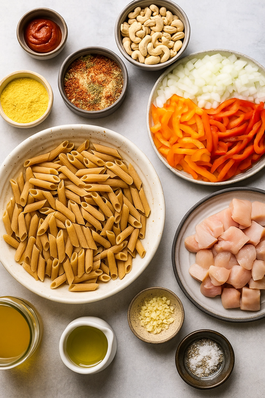 Ingredients for Cashew Creamy Cajun Chicken Pasta on a light background Ingredients for Cashew Creamy Cajun Chicken Pasta on a light background