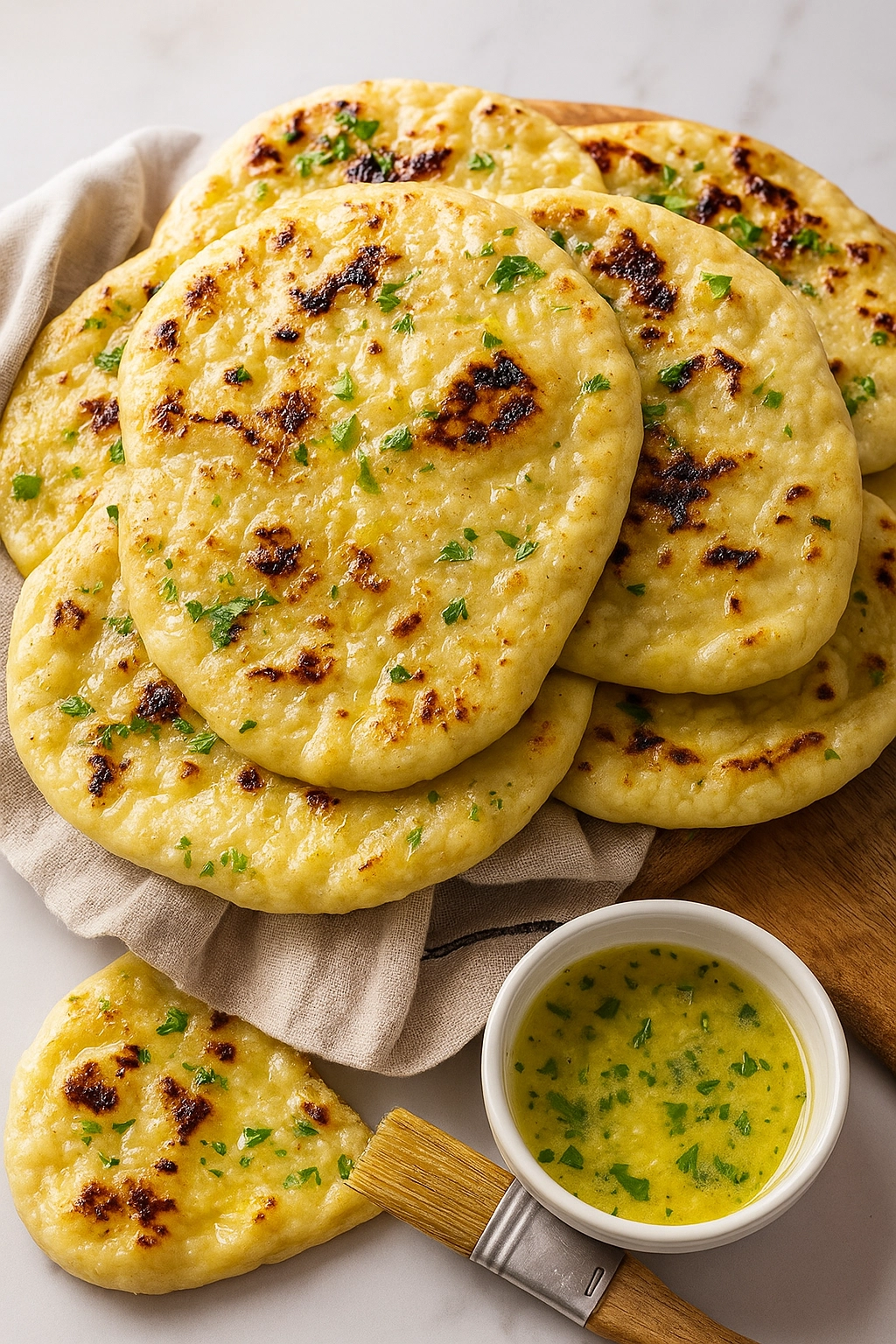 Soft gluten-free naan bread stacked on a wooden board Soft gluten-free naan bread stacked on a wooden board