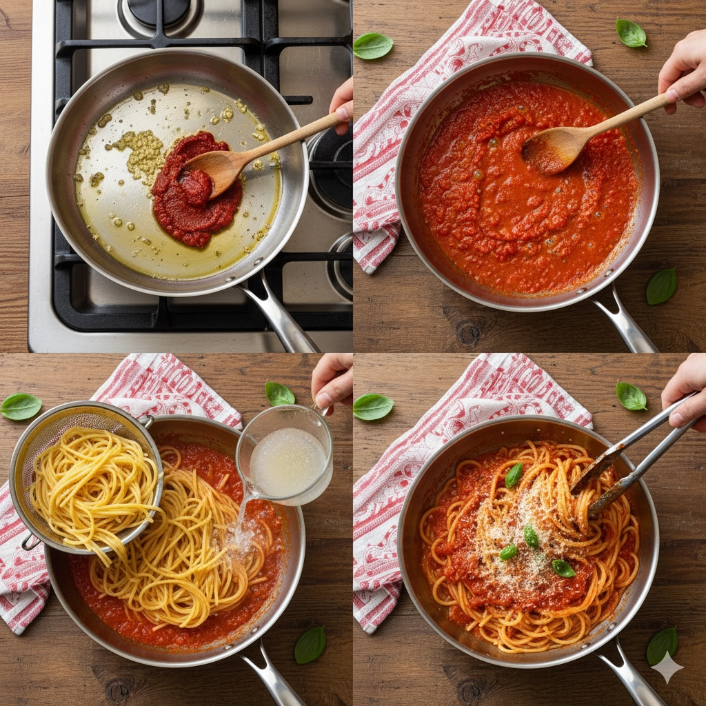 A cook vigorously tossing bucatini pasta with tomato sauce in a wide skillet to emulsify the pasta roma sauce. A cook vigorously tossing bucatini pasta with tomato sauce in a wide skillet to emulsify the pasta roma sauce.