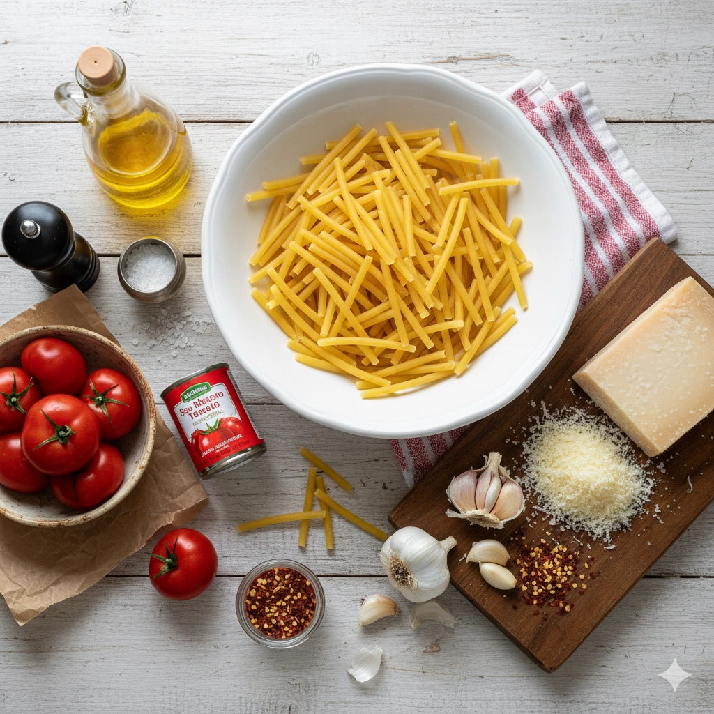 Key ingredients for pasta roma laid out: San Marzano tomatoes, Pecorino Romano, garlic, bucatini pasta, and olive oil. Key ingredients for pasta roma laid out: San Marzano tomatoes, Pecorino Romano, garlic, bucatini pasta, and olive oil.