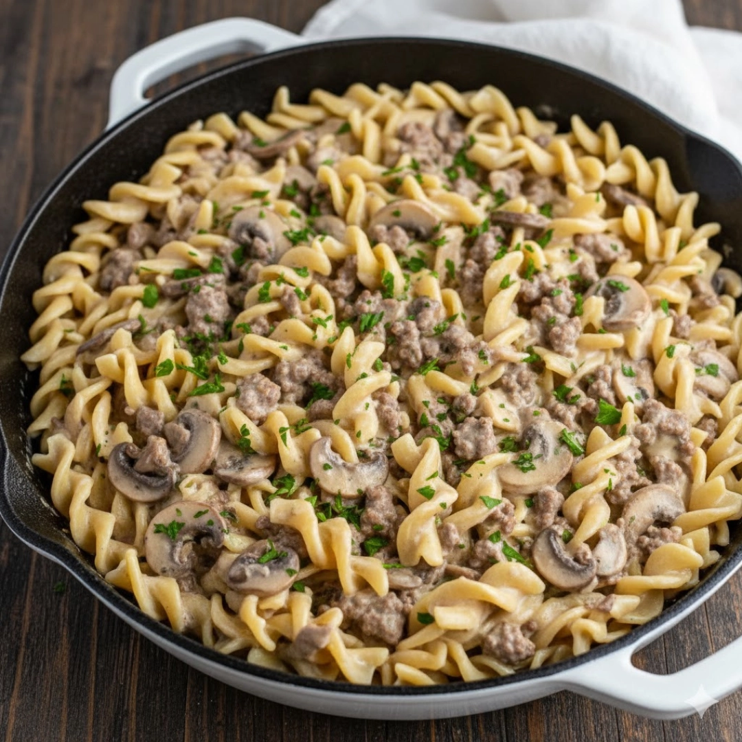 A bowl of creamy, savory Ground Beef Stroganoff served over egg noodles with fresh parsley. Title: The Best Gr