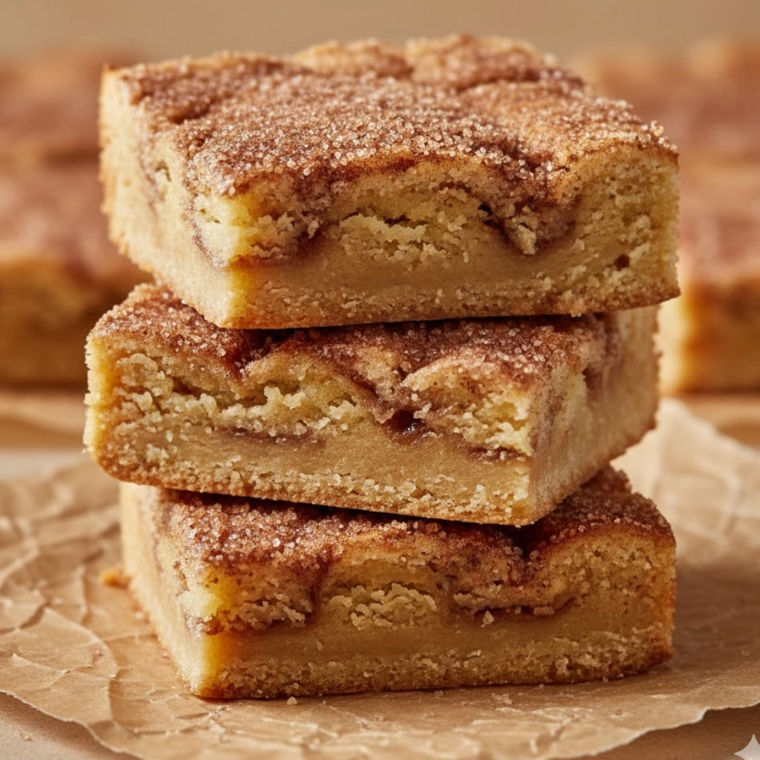 A close-up shot of baked, sliced chewy Cinnamon Sugar Blondies with a visible cinnamon swirl.