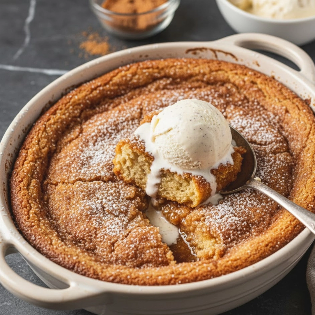 Warm Snickerdoodle Cobbler with a scoop of vanilla ice cream, featuring the golden cinnamon crust.