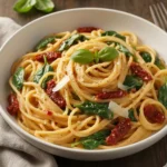 A generous bowl of Spaghetti & Spinach with Sun-Dried Tomato Cream Sauce, topped with fresh basil and Parmesan shavings.
