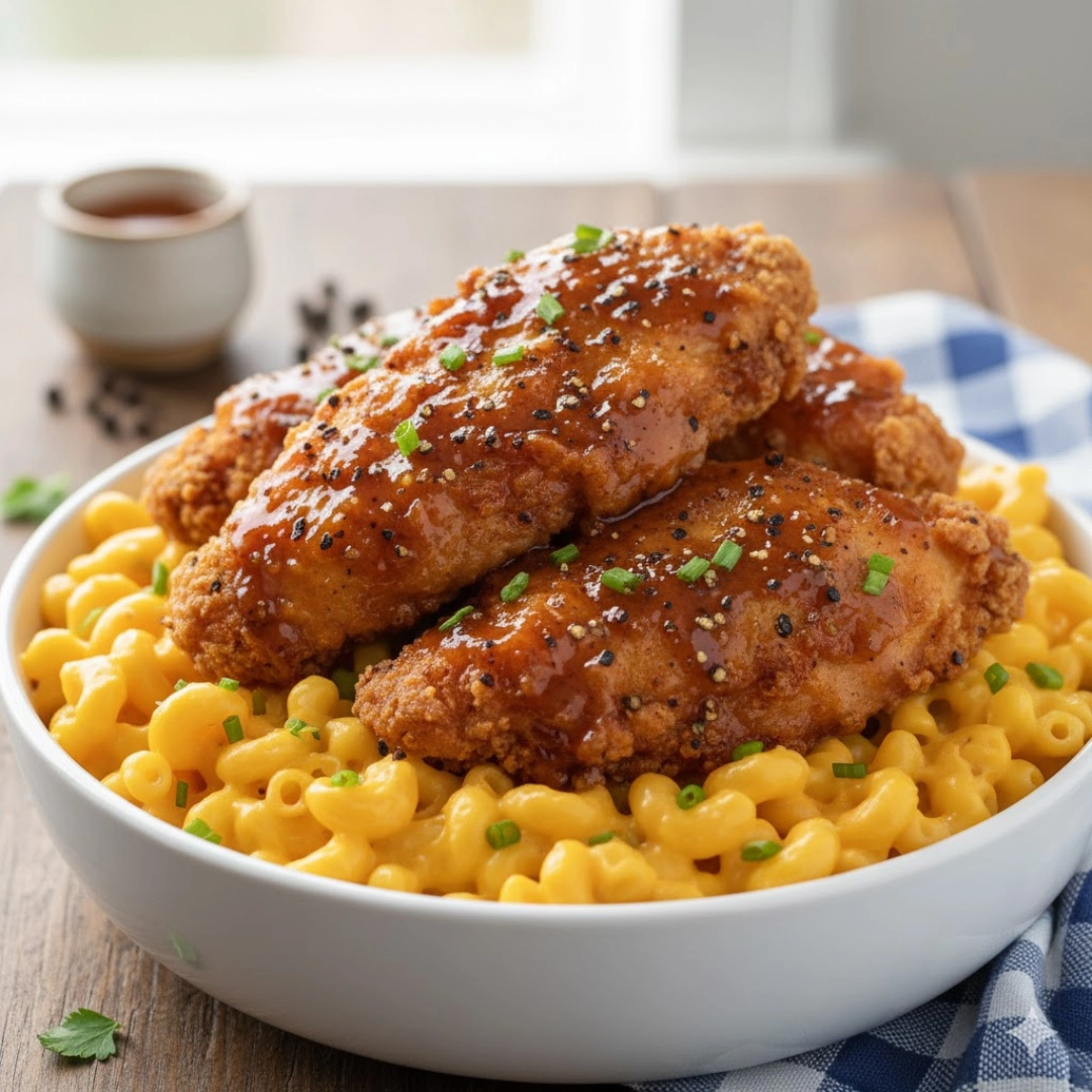Creamy baked Honey Pepper Chicken Mac and Cheese topped with a glossy, golden glaze and fresh chives.