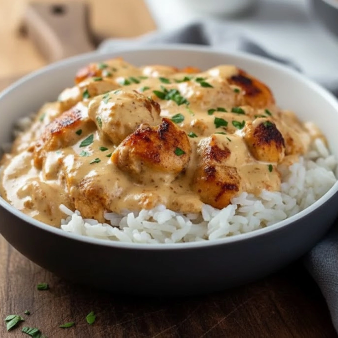 A Dutch oven filled with rich Creamy Smothered Chicken and Rice, garnished with fresh parsley.