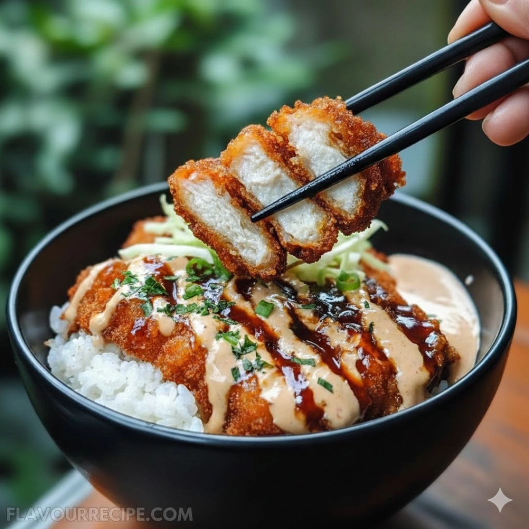 A beautifully plated and sliced Homemade Japanese Katsu Bowls with Tonkatsu Sauce, showing the golden-brown crust.